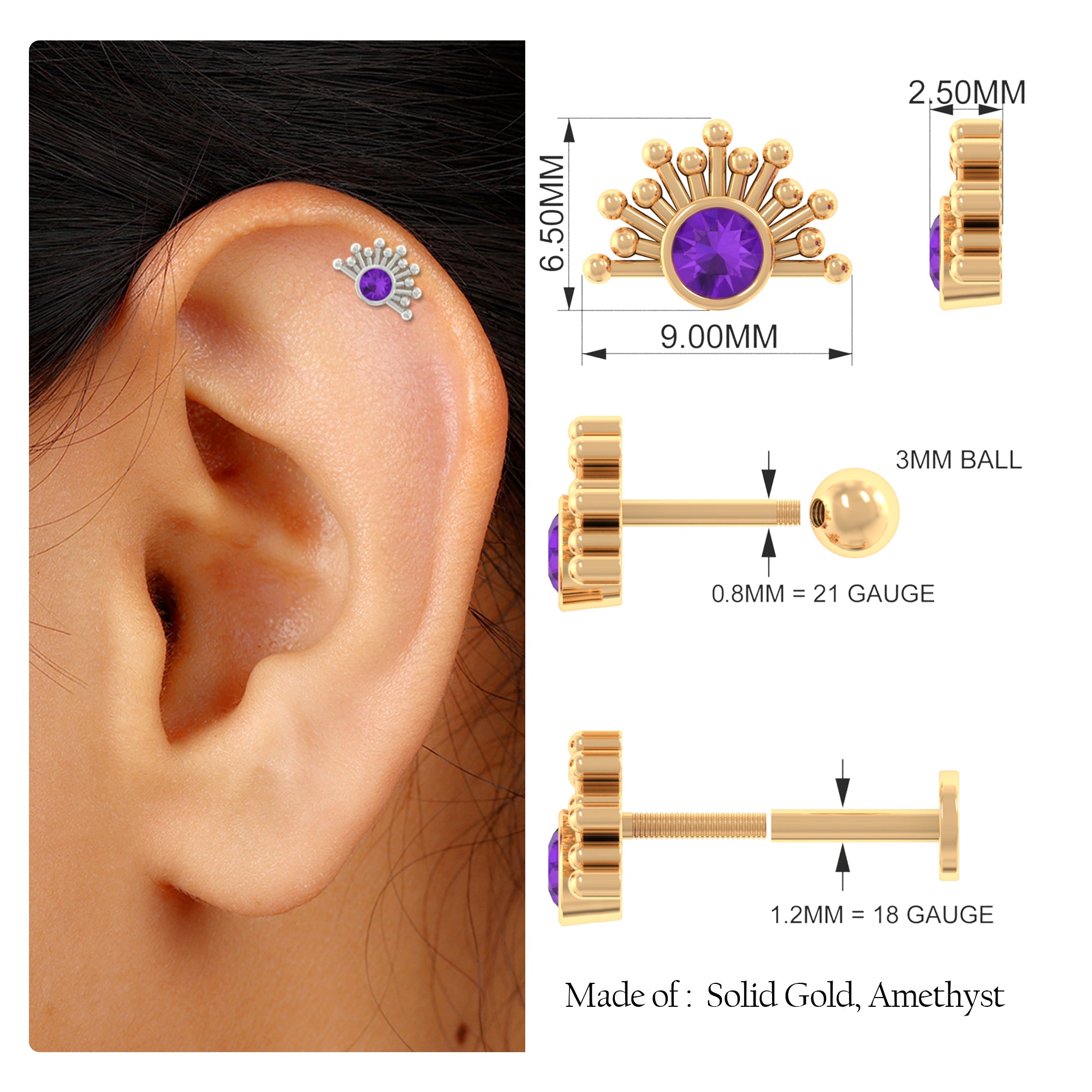 Bezel Set Round Amethyst Sunburst Helix Earring Amethyst - ( AAA ) - Quality - Rosec Jewels