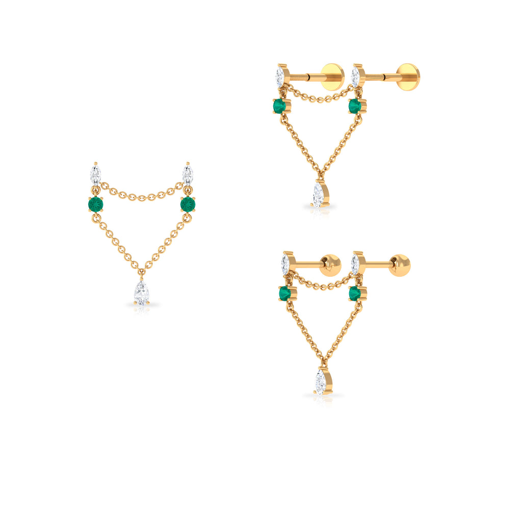 Moissanite Double Piercing Earring with Created Emerald Lab Created Emerald - ( AAAA ) - Quality - Rosec Jewels