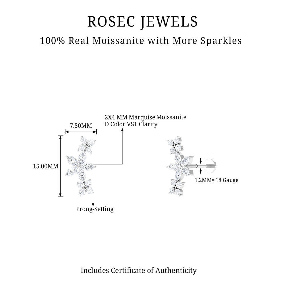 Certified Moissanite Flower Ear Crawler Earring Moissanite - ( D-VS1 ) - Color and Clarity - Rosec Jewels
