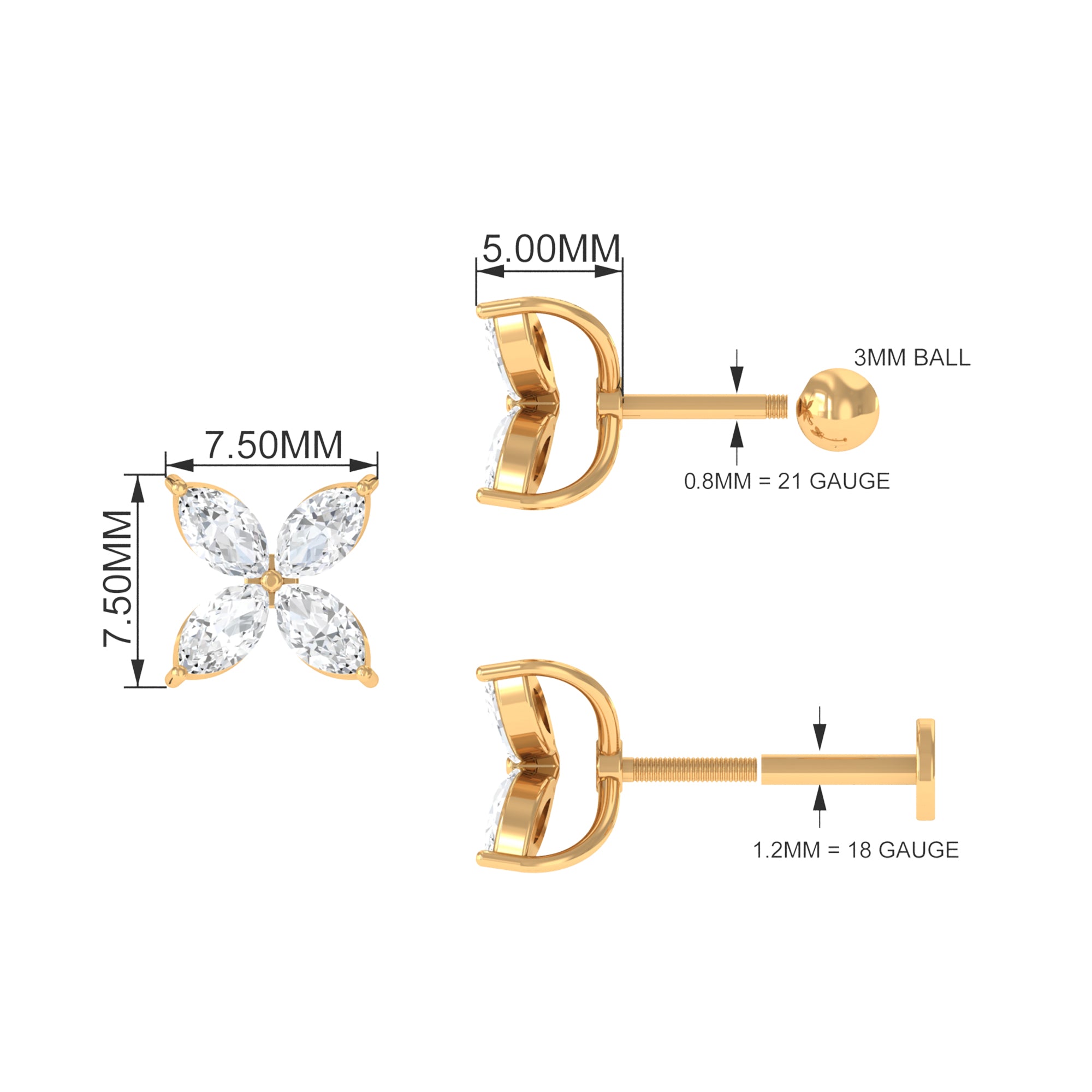 Marquise Cut Moissanite Flower Cartilage Earring Moissanite - ( D-VS1 ) - Color and Clarity - Rosec Jewels