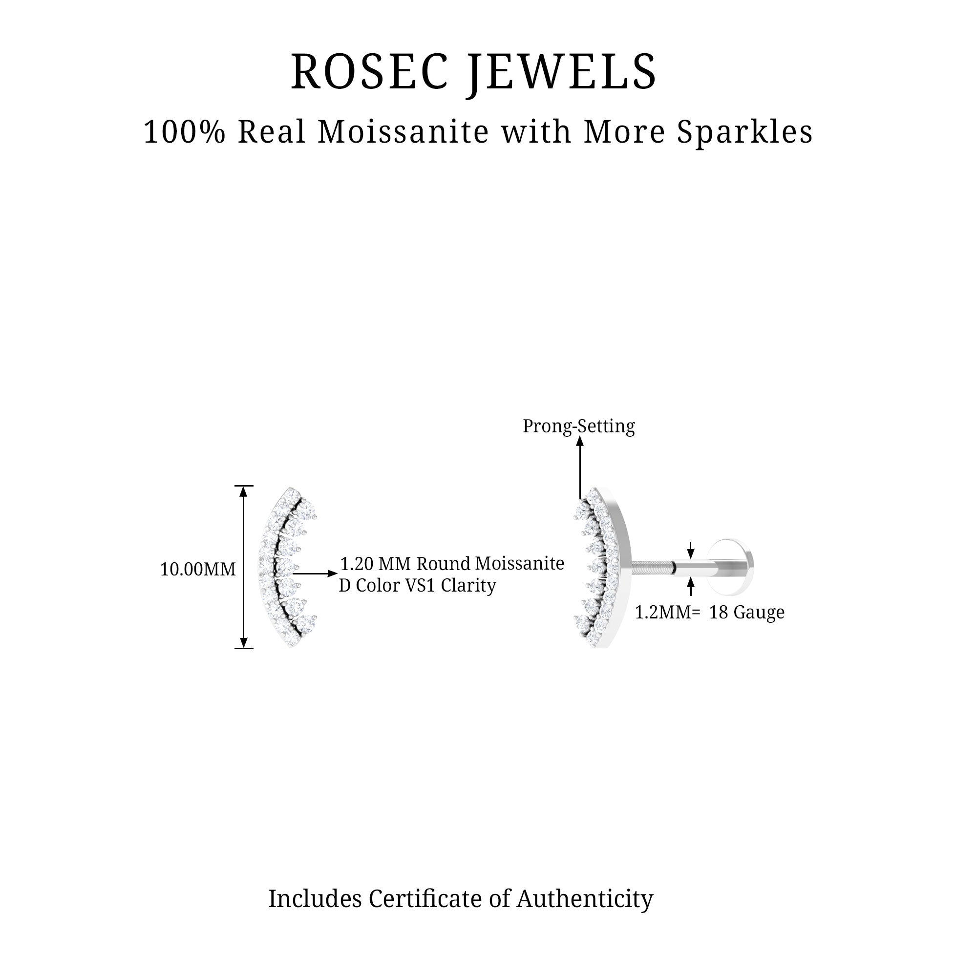 Curved Moissanite Minimal Earring for Cartilage Piercing Moissanite - ( D-VS1 ) - Color and Clarity - Rosec Jewels