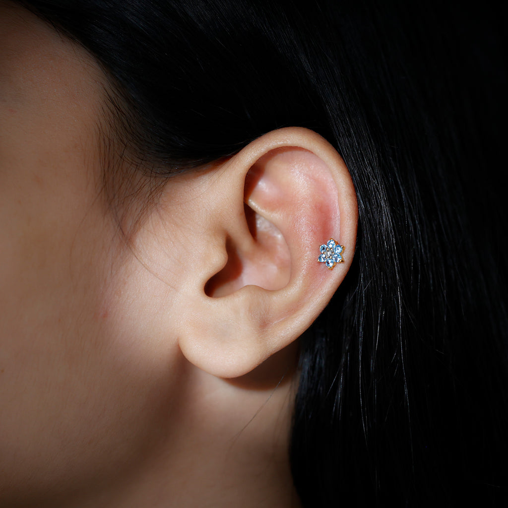 Swiss Blue Topaz and Diamond Flower Helix Earring Swiss Blue Topaz - ( AAA ) - Quality - Rosec Jewels