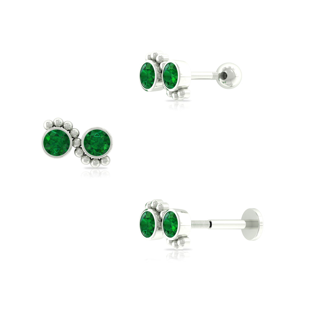 Bezel Set Emerald Two Stone Helix Earring with Gold Beaded Emerald - ( AAA ) - Quality - Rosec Jewels