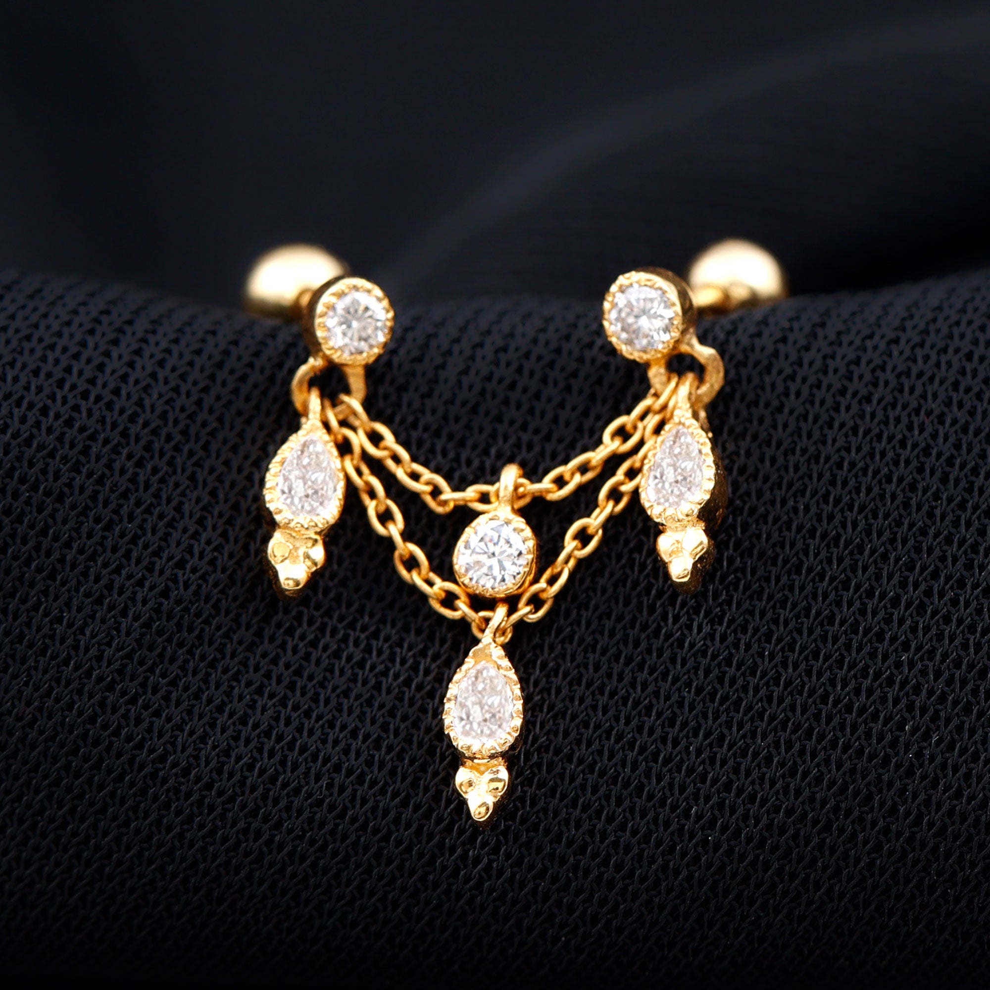 1/2 CT Beaded Bezel Set Diamond Double Chain Drop Earring Diamond - ( HI-SI ) - Color and Clarity - Rosec Jewels
