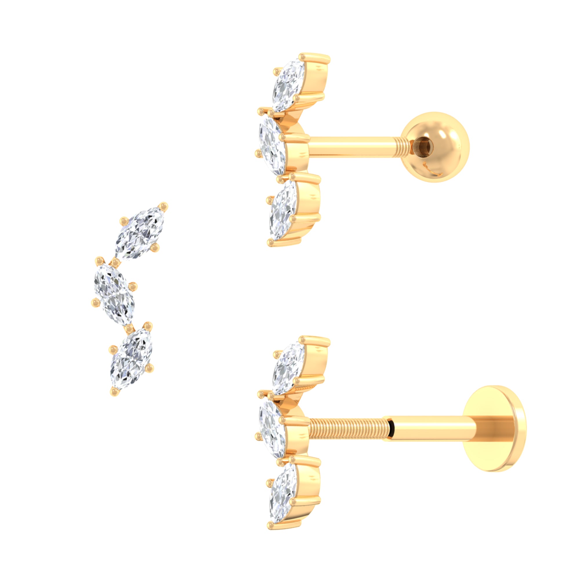 Marquise Cut Moissanite 3 Stone Tragus Earring in Gold Moissanite - ( D-VS1 ) - Color and Clarity - Rosec Jewels