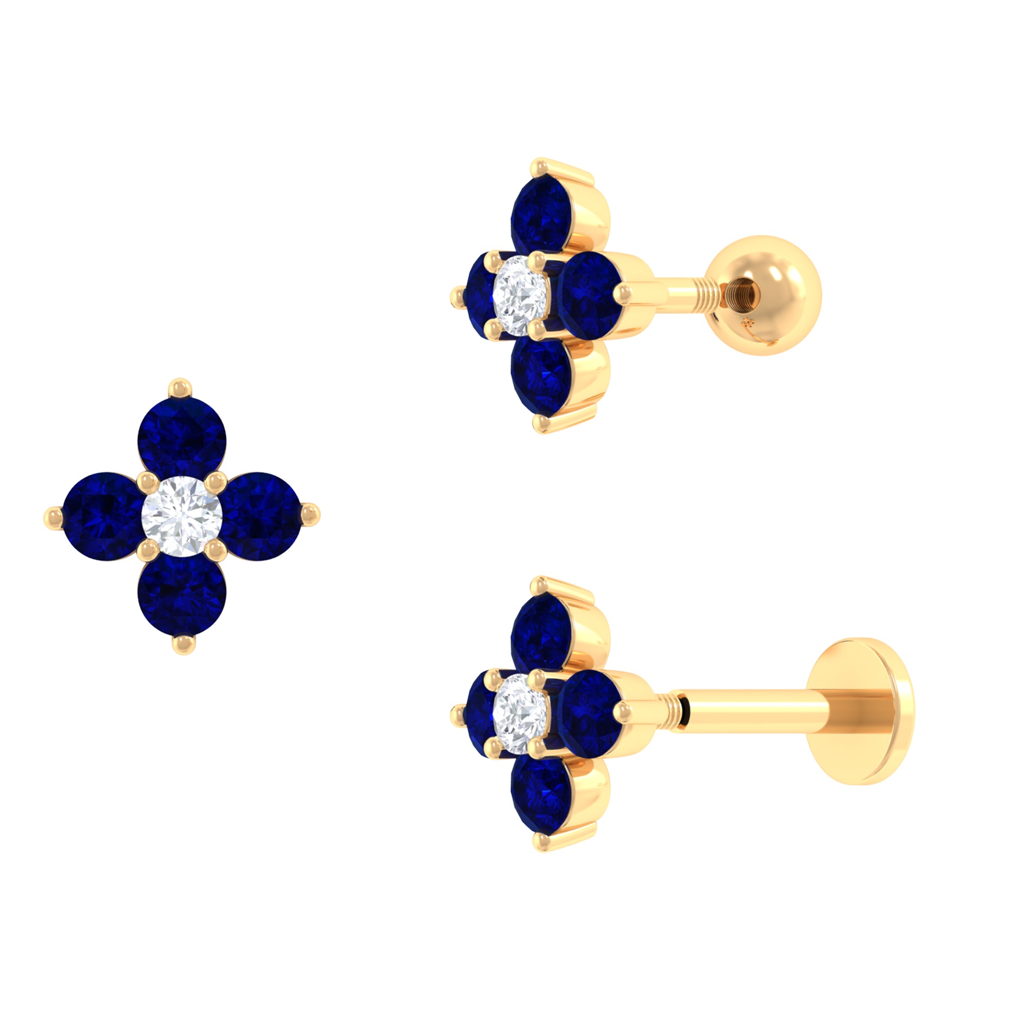 Blue Sapphire and Moissanite Flower Earring for Rook Piercing Blue Sapphire - ( AAA ) - Quality - Rosec Jewels