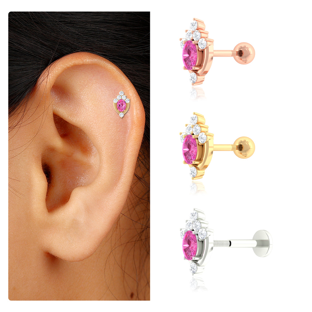 Created Pink Sapphire and Moissanite Unique Helix Earring Lab Created Pink Sapphire - ( AAAA ) - Quality - Rosec Jewels