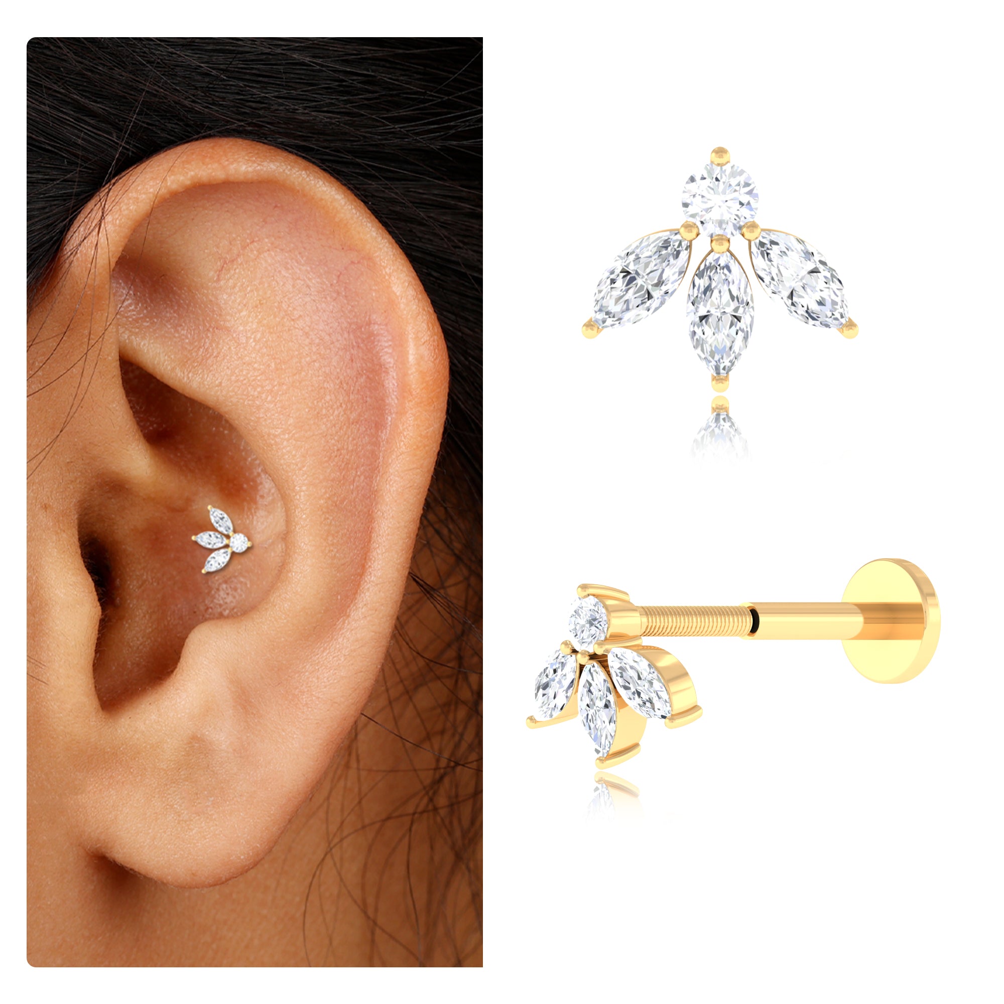 Marquise Shape Diamond Leaf Earring for Helix Piercing Natural - ( HI-SI ) - Rosec Jewels