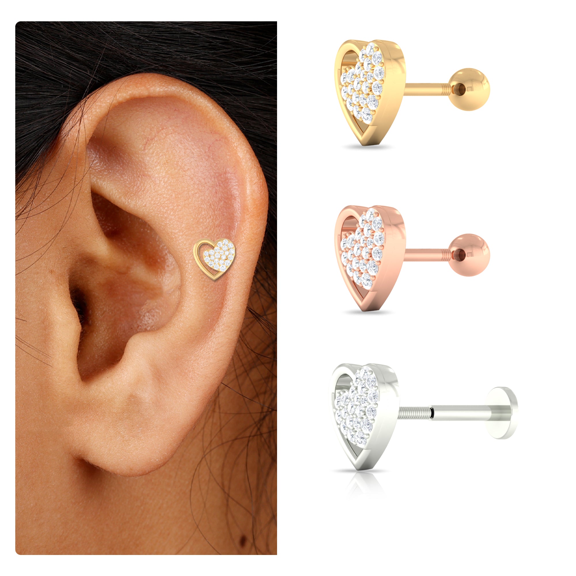 Moissanite Heart Stud Earring for Rook Piercing Moissanite - ( D-VS1 ) - Color and Clarity - Rosec Jewels