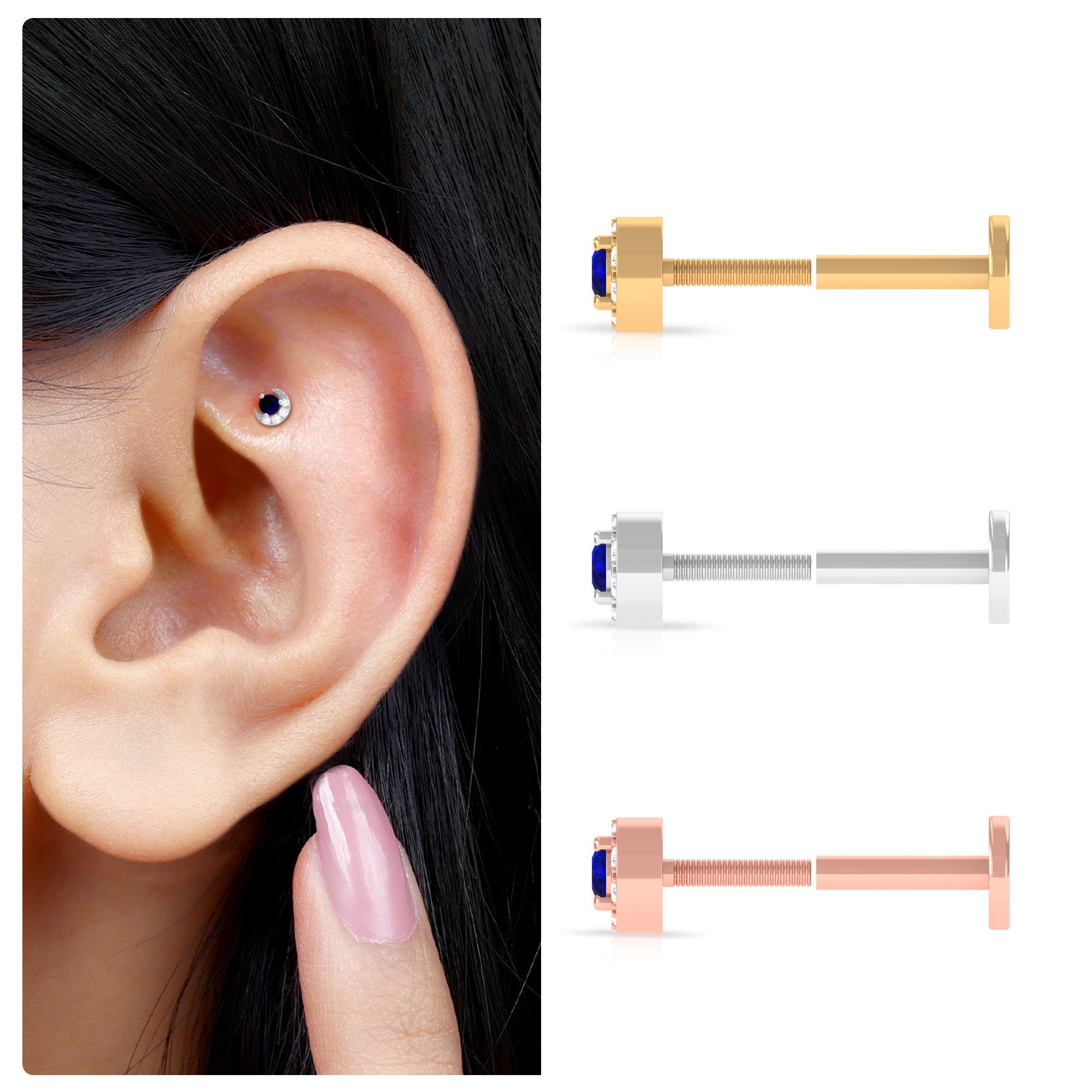 Dainty Blue Sapphire and Diamond Moon Helix Earring AAA - Rosec Jewels