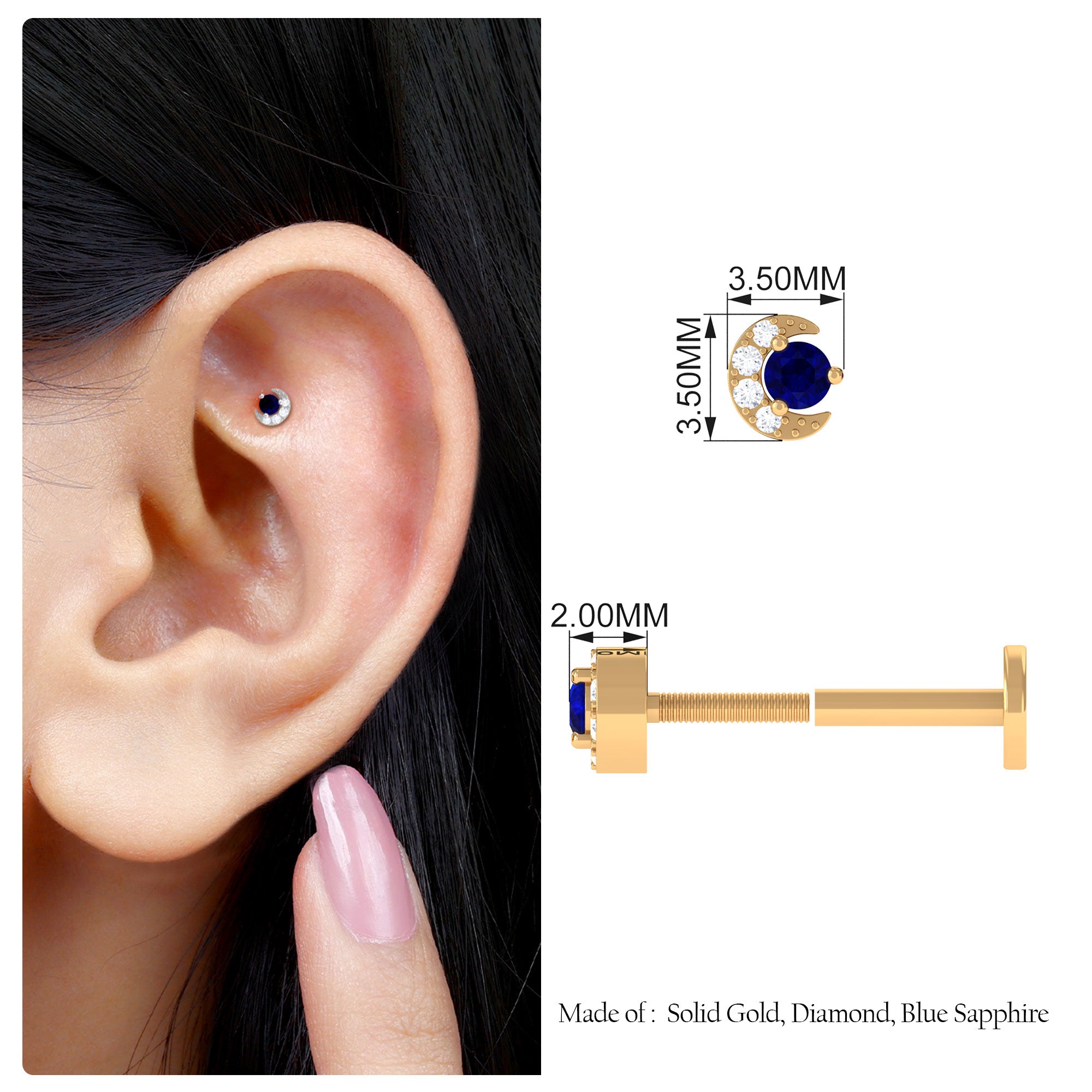 Dainty Blue Sapphire and Diamond Moon Helix Earring AAA - Rosec Jewels