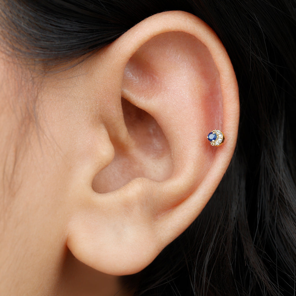 Dainty Blue Sapphire and Diamond Helix Earring Blue Sapphire - ( AAA ) - Quality - Rosec Jewels