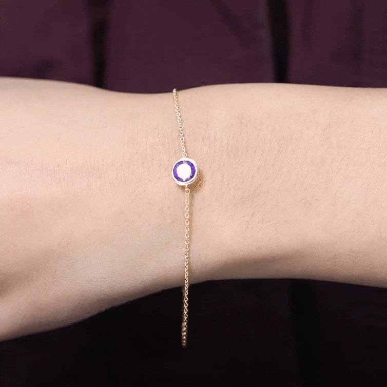 6 MM Bezel Set Amethyst Solitaire Gold Chain Bracelet Amethyst - ( AAA ) - Quality - Rosec Jewels