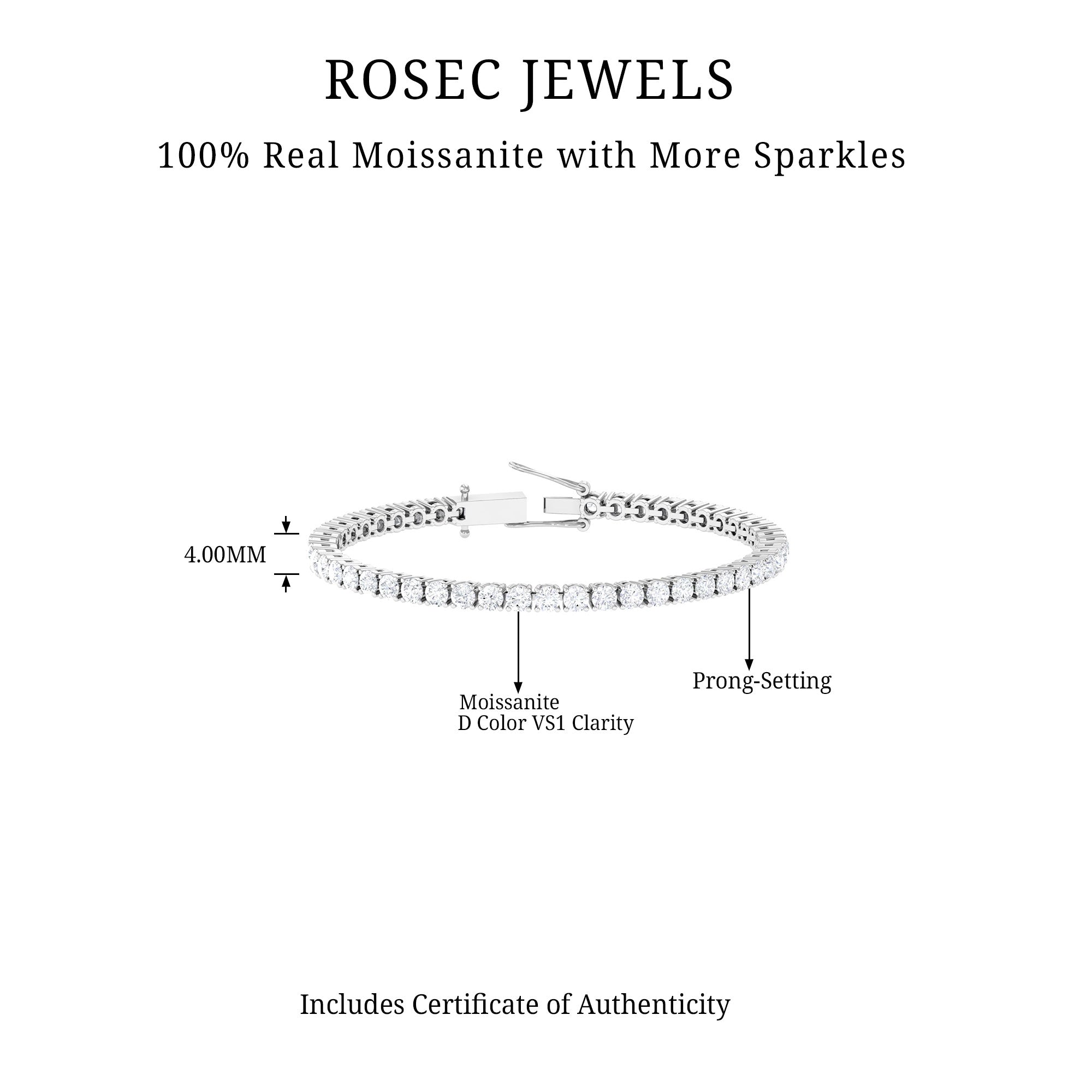 Certified Moissanite Tennis Bracelet in Prong Setting, Chain Size 7.0 Inches With Silver Moissanite - ( D-VS1 ) - Color and Clarity 92.5 Sterling Silver 7.0 Inches - Rosec Jewels