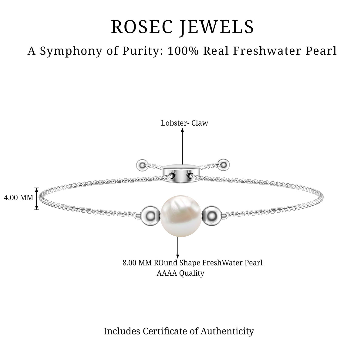 7.4 Carat Freshwater Pearl Solitaire Bolo Bracelet for Women AAA - Rosec Jewels