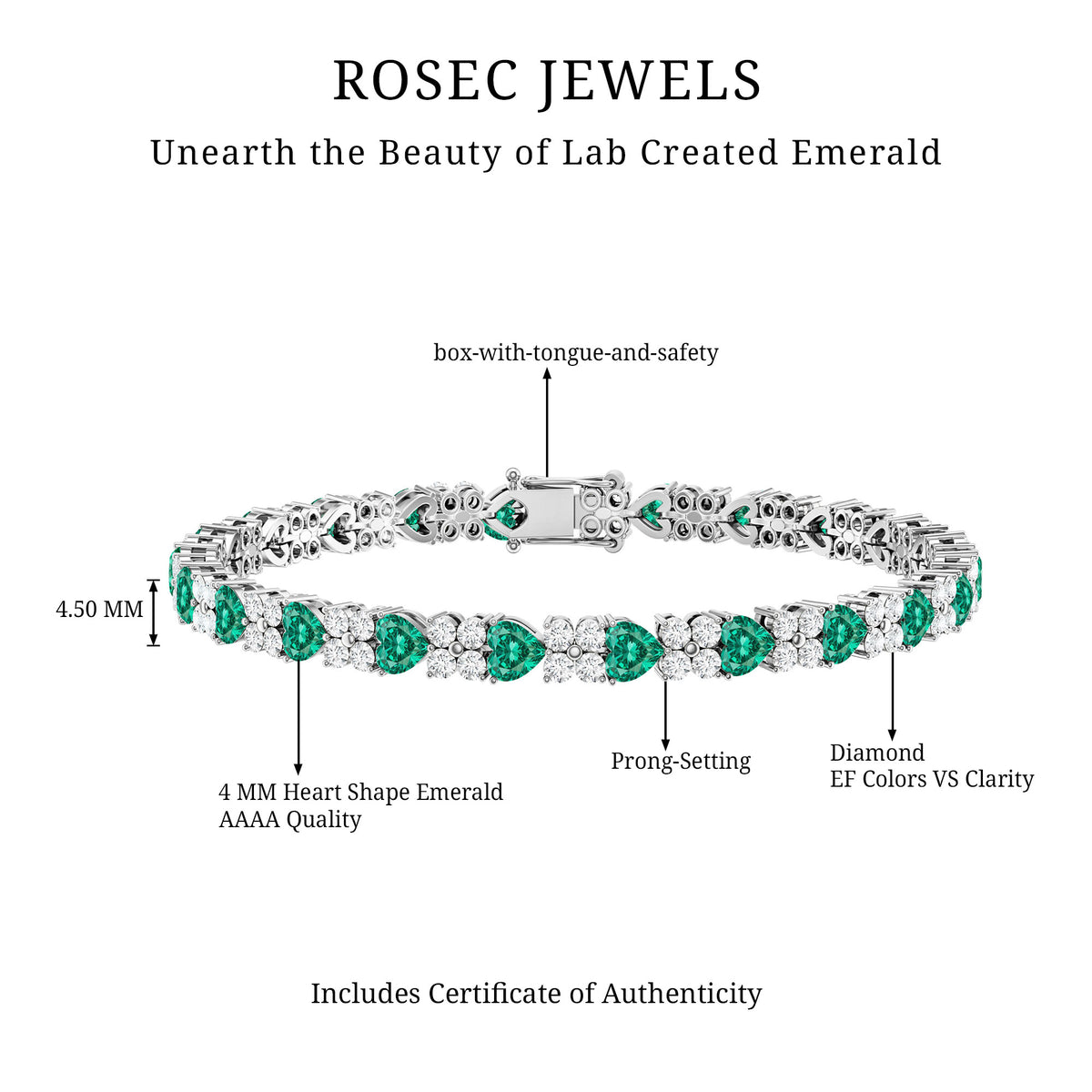 Heart Shape Lab Created Emerald and Diamond Tennis Bracelet AAAA - Rosec Jewels