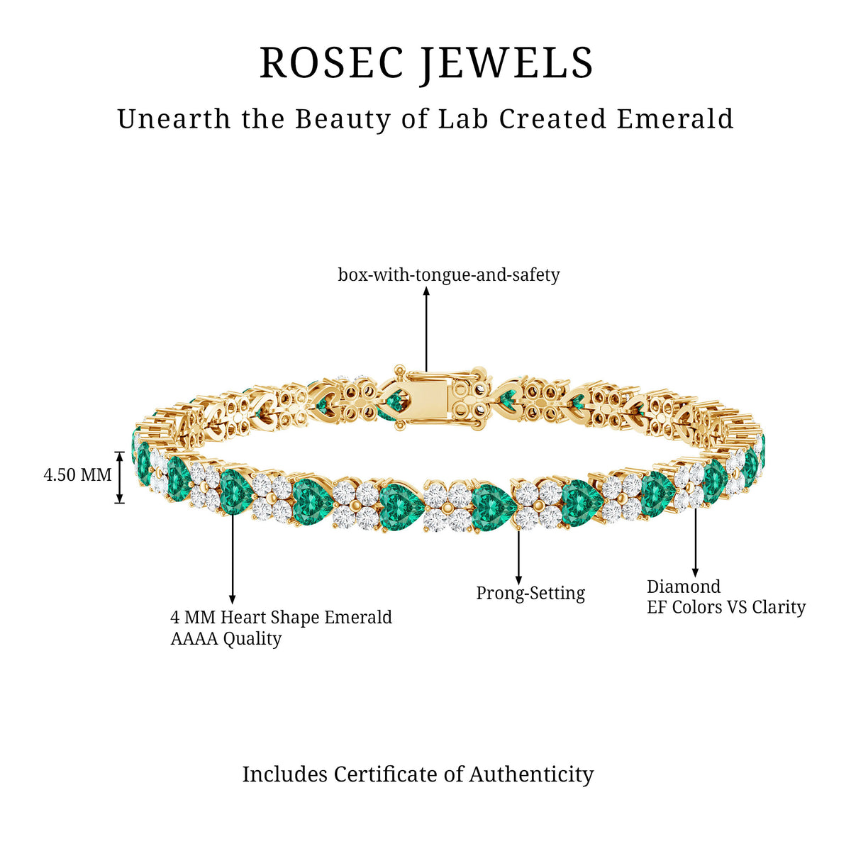 Heart Shape Lab Created Emerald and Diamond Tennis Bracelet AAAA - Rosec Jewels