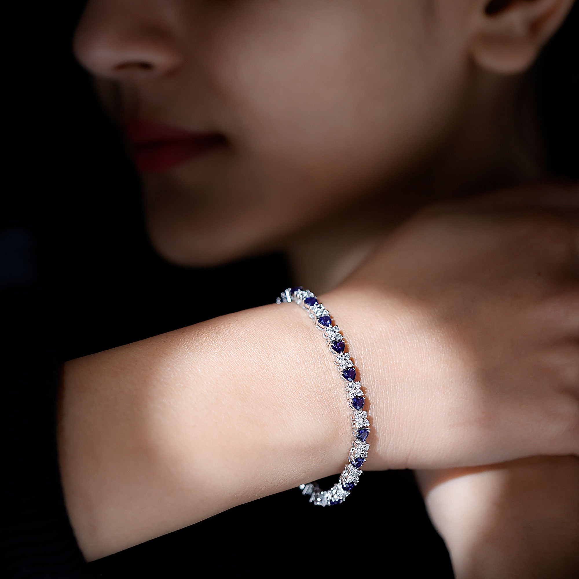 Certified Lab Grown Blue Sapphire Heart Tennis Bracelet with
