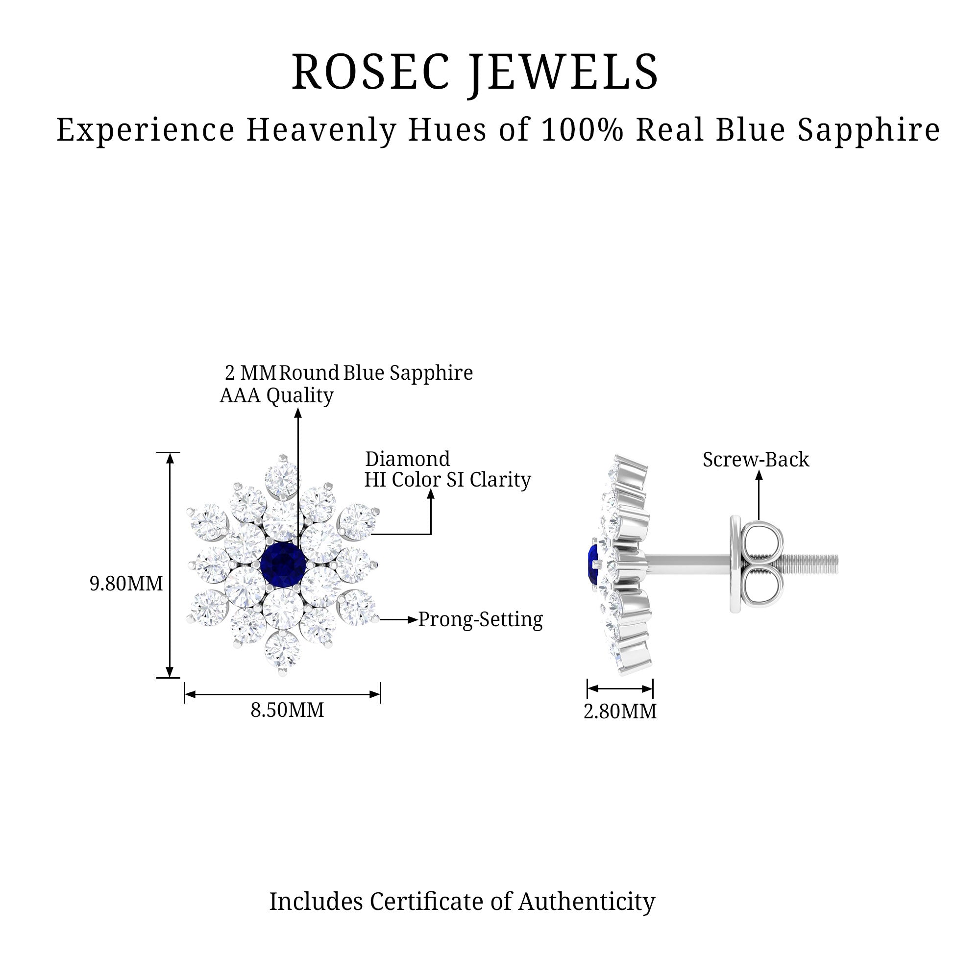 1.25 CT Blue Sapphire and Diamond Floral Cluster Stud Earrings Blue Sapphire - ( AAA ) - Quality - Rosec Jewels