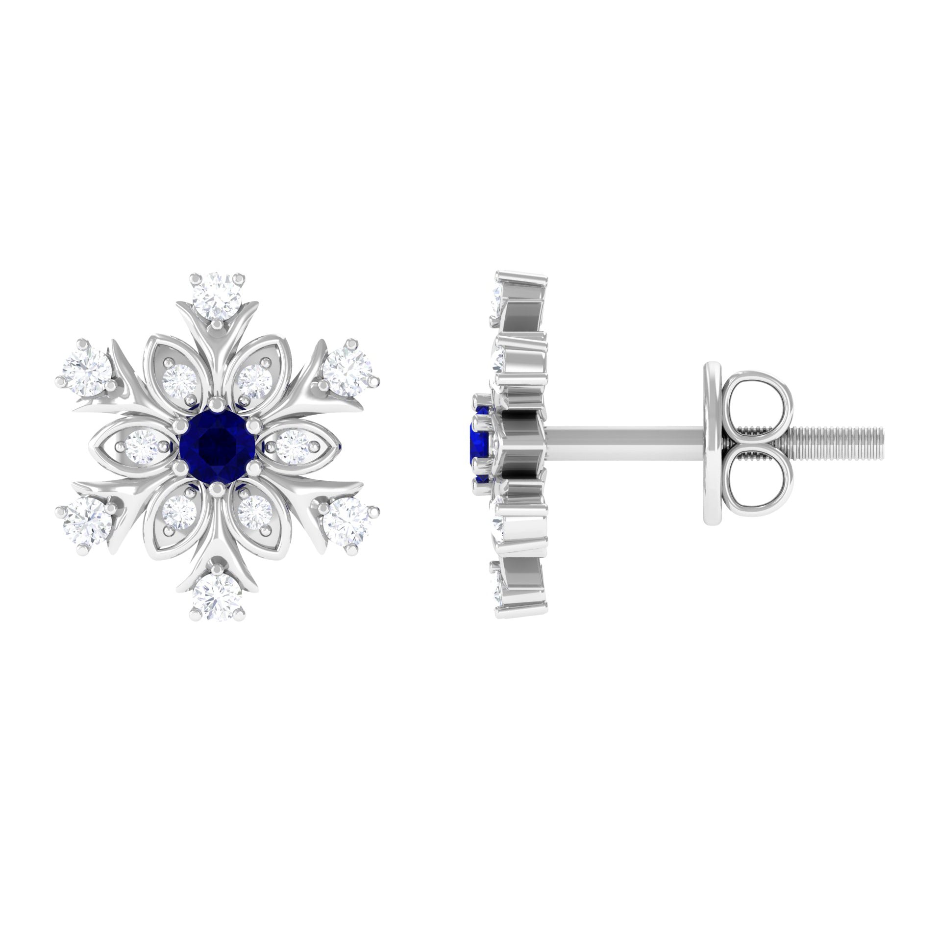 Created Blue Sapphire Snowflake Silver Stud Earrings with Moissanite Lab Created Blue Sapphire - ( AAAA ) - Quality 92.5 Sterling Silver - Rosec Jewels