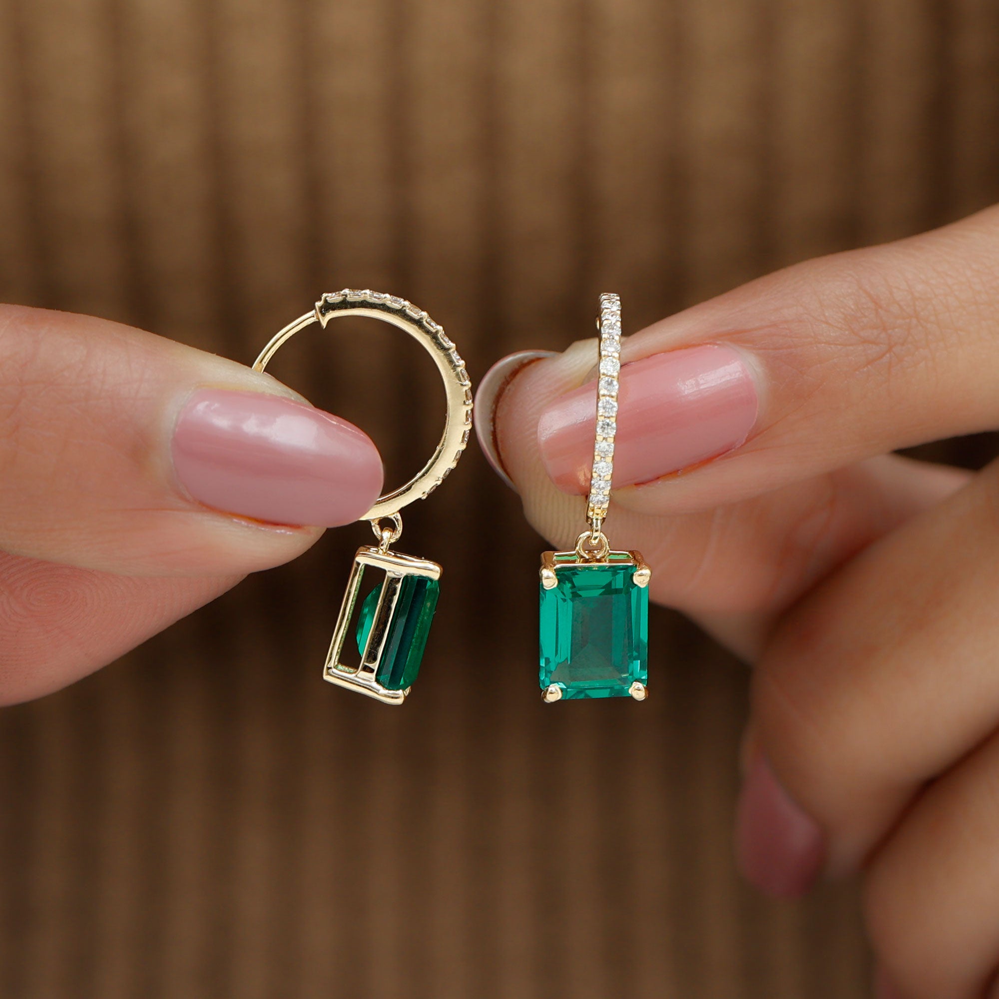 5 CT Octagon Cut Created Emerald Hoop Drop Earrings with Diamond Lab Created Emerald - ( AAAA ) - Quality - Rosec Jewels