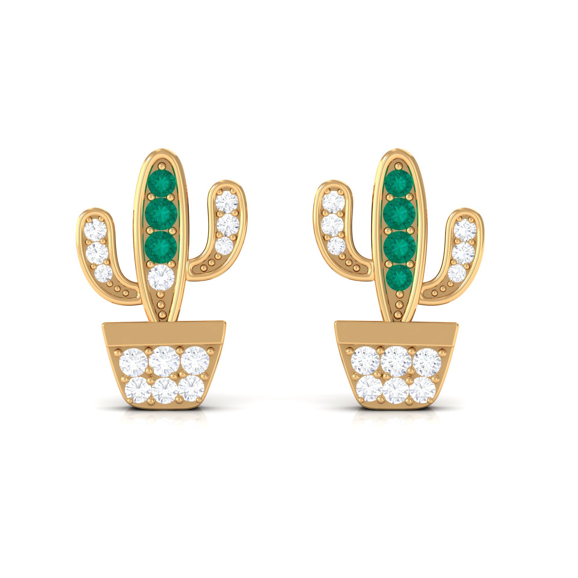 Cactus Stud Earrings with Emerald and Diamond Stones Emerald - ( AAA ) - Quality - Rosec Jewels