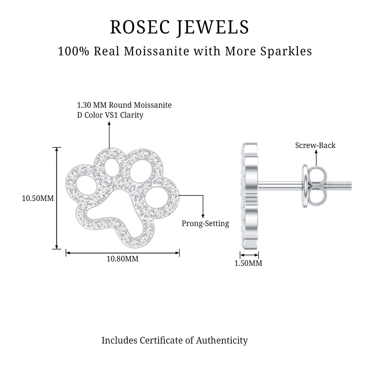 Moissanite Paw Print Earrings With Certificate D-VS1 - Rosec Jewels