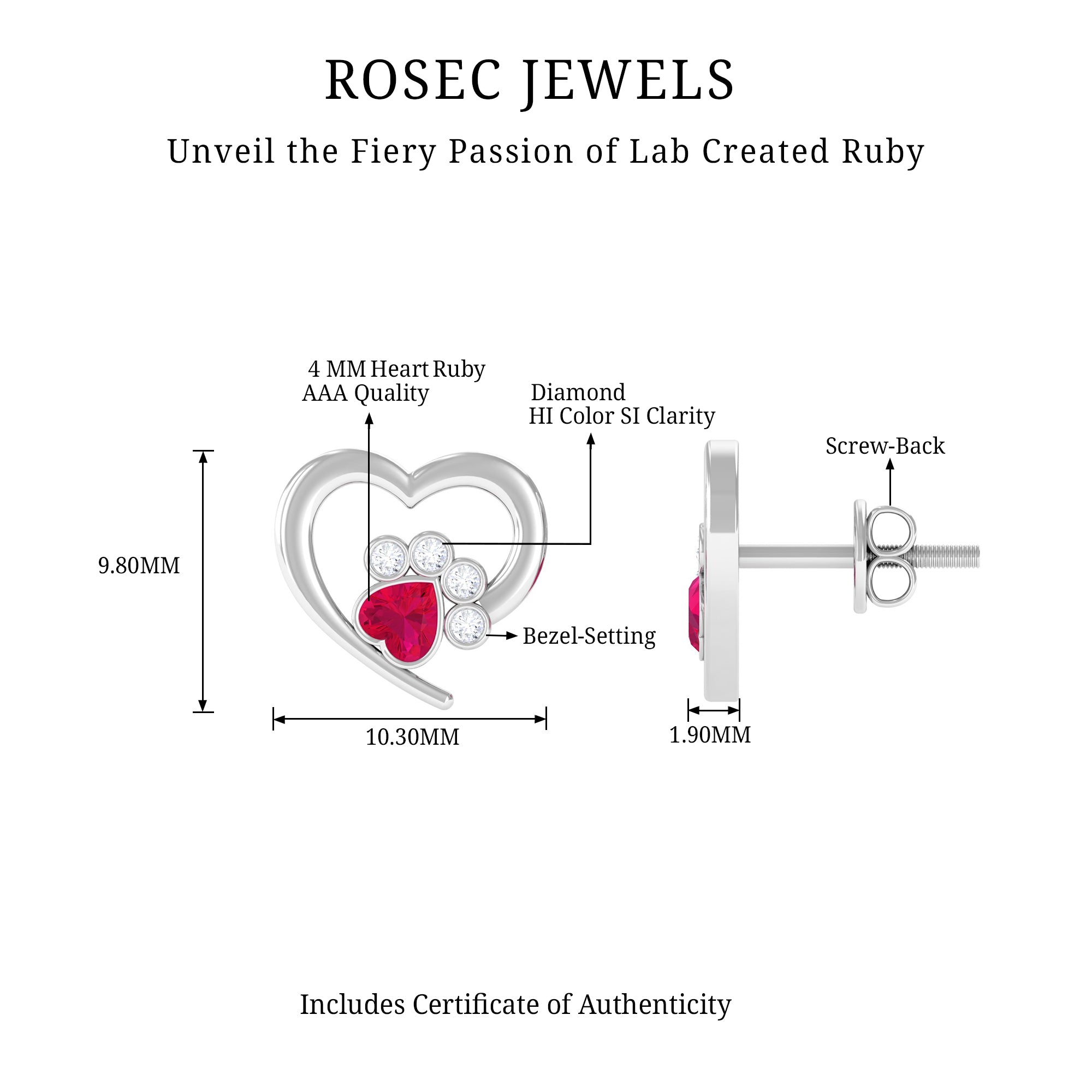 Cute Heart Paw Stud Earrings with Ruby and Diamond Ruby - ( AAA ) - Quality - Rosec Jewels