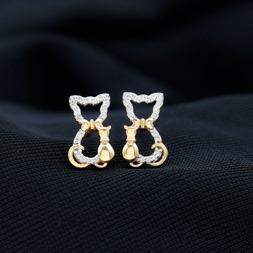 Cat Stud Earrings with Diamond Accent Diamond - ( HI-SI ) - Color and Clarity - Rosec Jewels