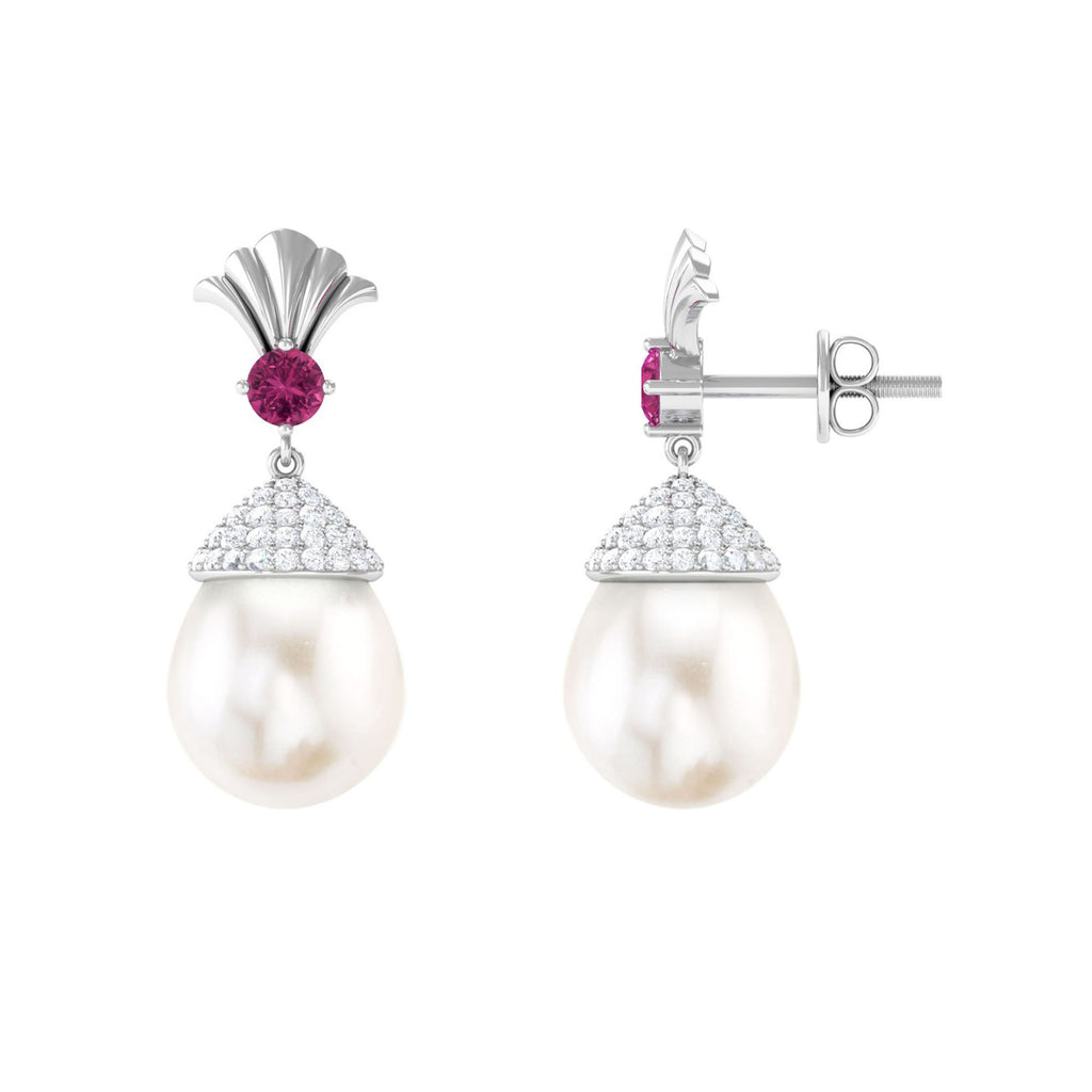13 CT Freshwater Pearl Drop Earrings with Moissanite and Pink Tourmaline Freshwater Pearl - ( AAA ) - Quality - Rosec Jewels