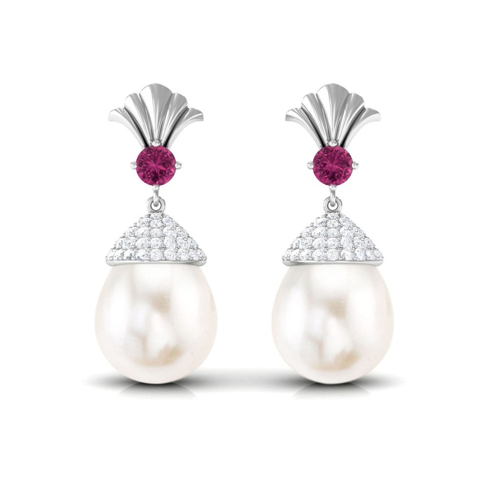 13 CT Freshwater Pearl Drop Earrings with Moissanite and Pink Tourmaline Freshwater Pearl - ( AAA ) - Quality - Rosec Jewels
