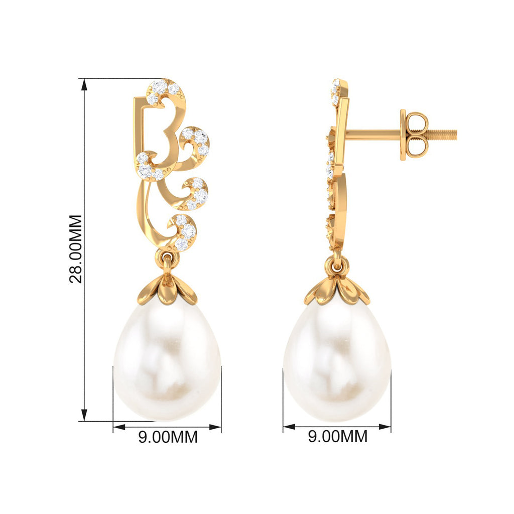 Freshwater Pearl Drop Earrings with Diamond Stones Freshwater Pearl - ( AAA ) - Quality - Rosec Jewels