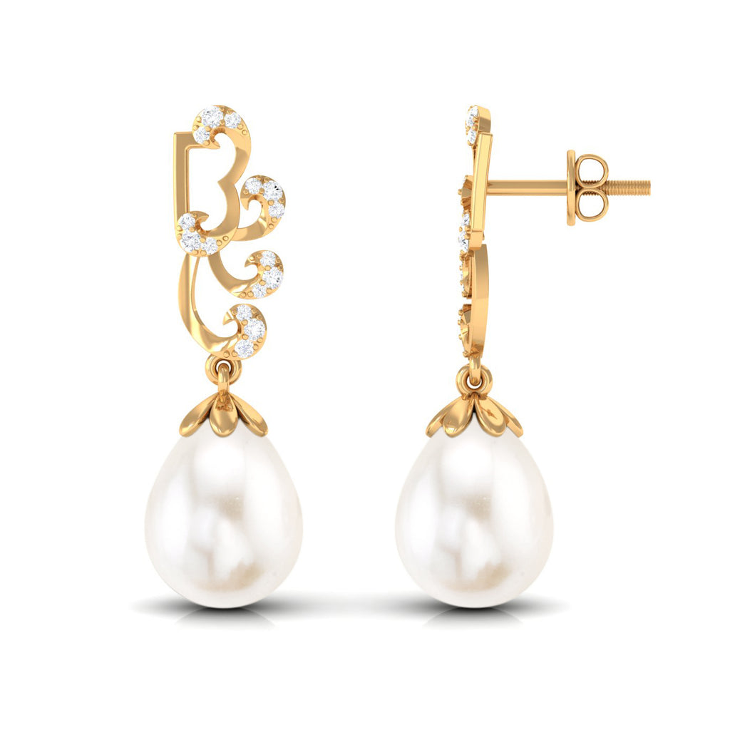 Freshwater Pearl Drop Earrings with Diamond Stones Freshwater Pearl - ( AAA ) - Quality - Rosec Jewels