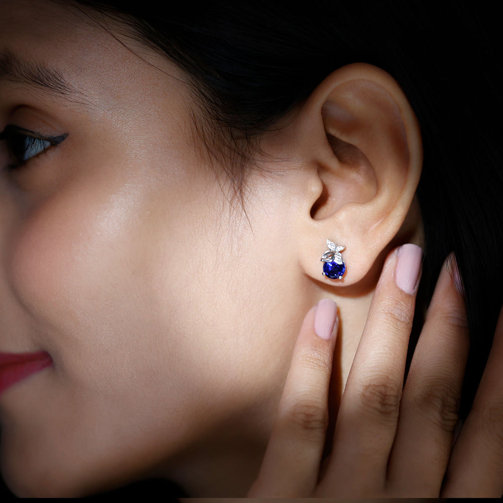 Rosec Jewels - Created Blue Sapphire and Silver Moissanite Butterfly Stud Earrings