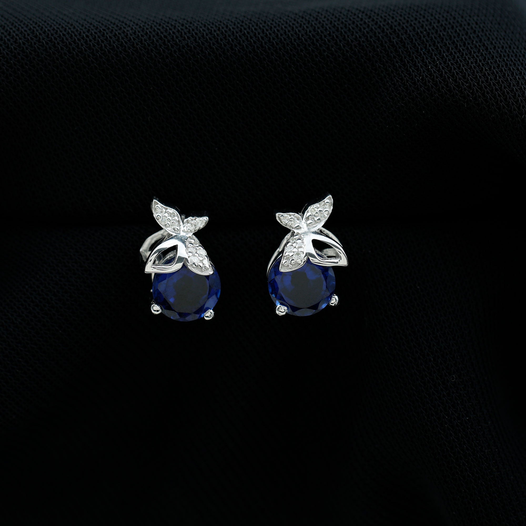 Created Blue Sapphire and Gold Moissanite Butterfly Stud Earrings Lab Created Blue Sapphire - ( AAAA ) - Quality - Rosec Jewels