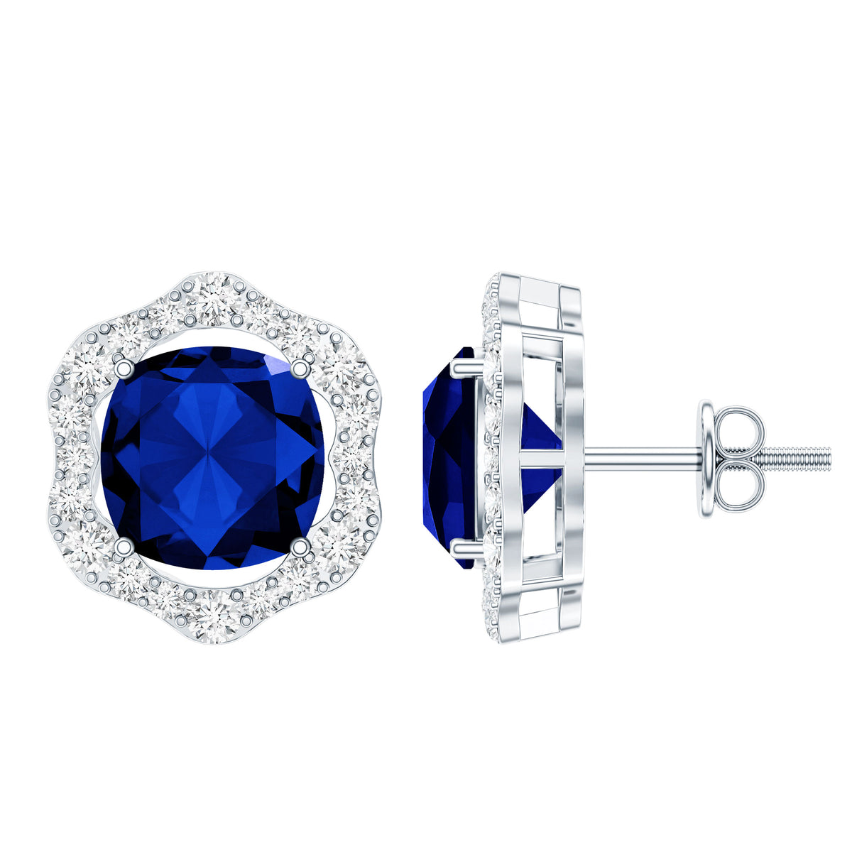 Classic Lab Grown Blue Sapphire Halo Stud Earrings with Diamond AAAA - Rosec Jewels
