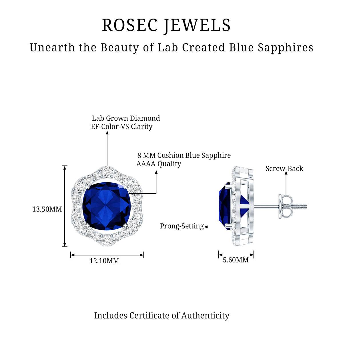 Classic Lab Grown Blue Sapphire Halo Stud Earrings with Diamond AAAA - Rosec Jewels