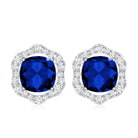 Classic Lab Grown Blue Sapphire Halo Stud Earrings with Diamond AAAA - Rosec Jewels