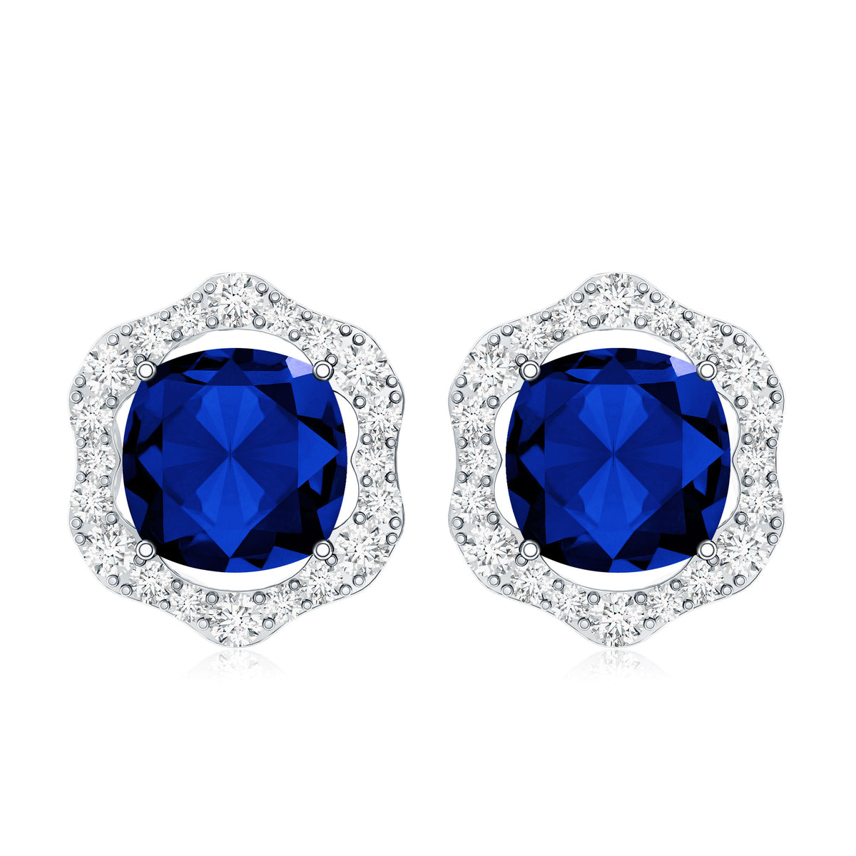 Classic Lab Grown Blue Sapphire Halo Stud Earrings with Diamond AAAA - Rosec Jewels