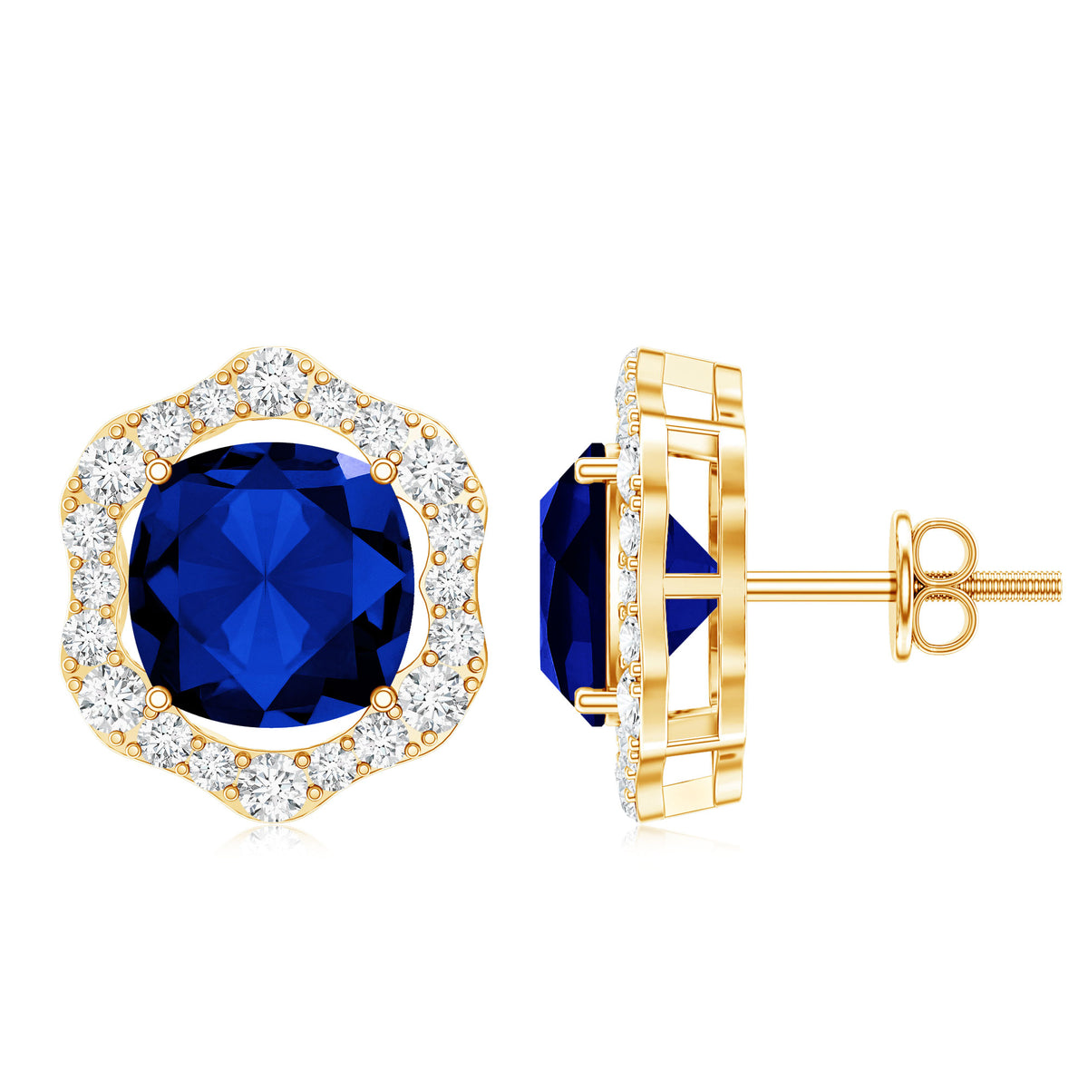 Classic Lab Grown Blue Sapphire Halo Stud Earrings with Diamond AAAA - Rosec Jewels