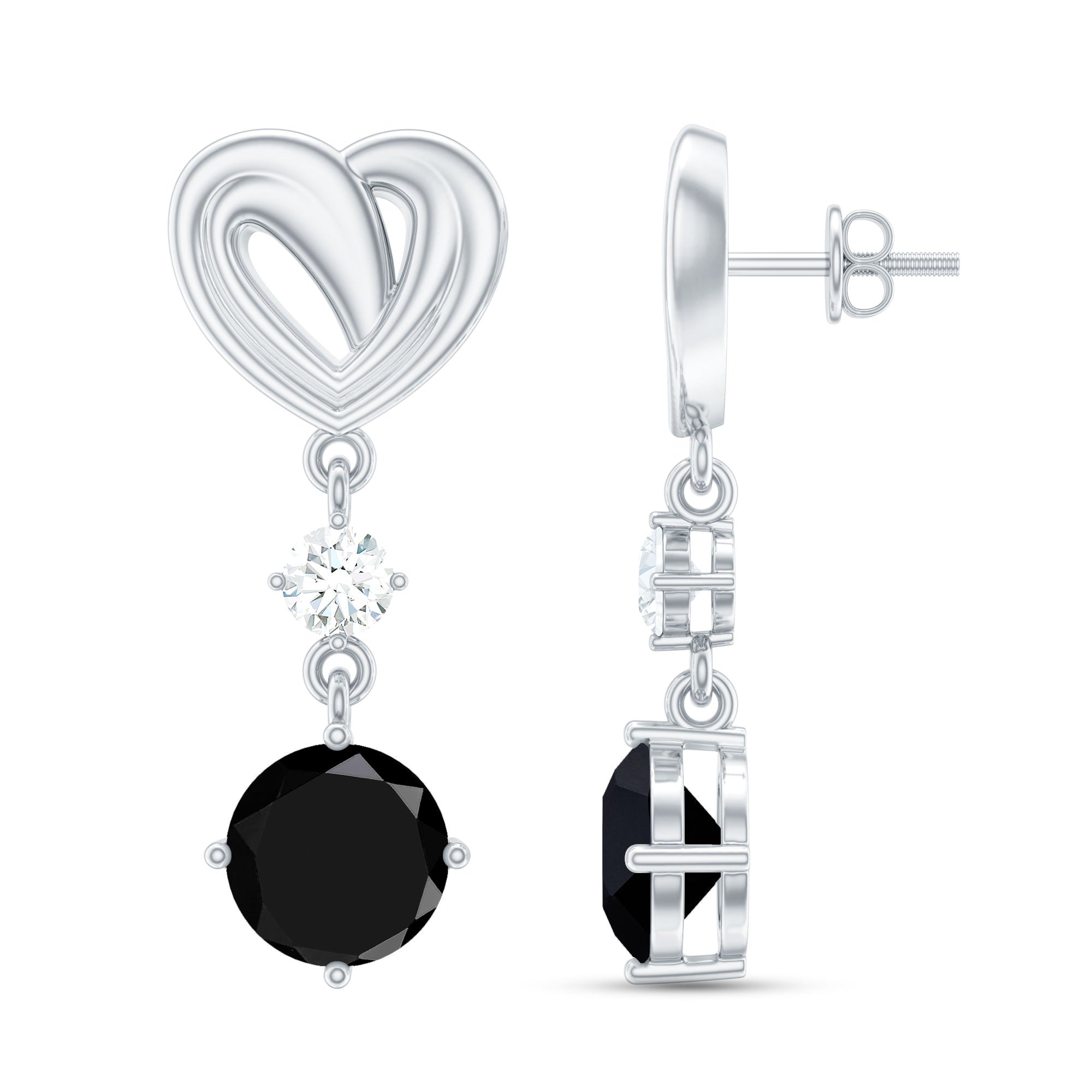 Heart Shaped Lab Grown Black Diamond Drop Earrings With Screw Back