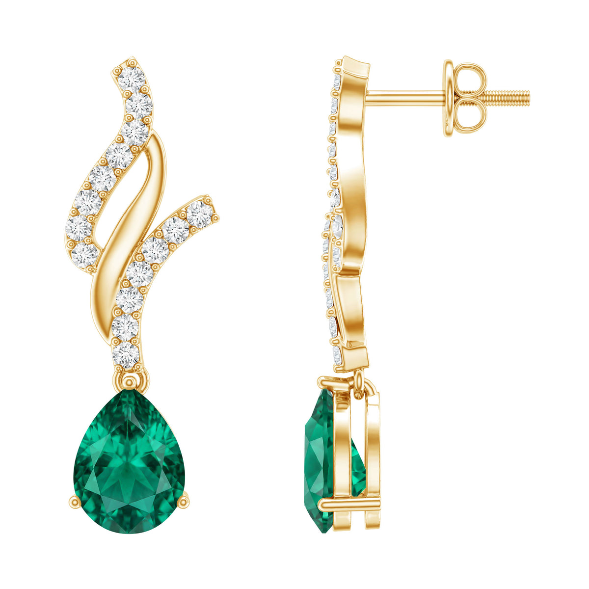 Vintage Lab Grown Emerald Teardrop Earrings with Diamond Accent AAAA - Rosec Jewels