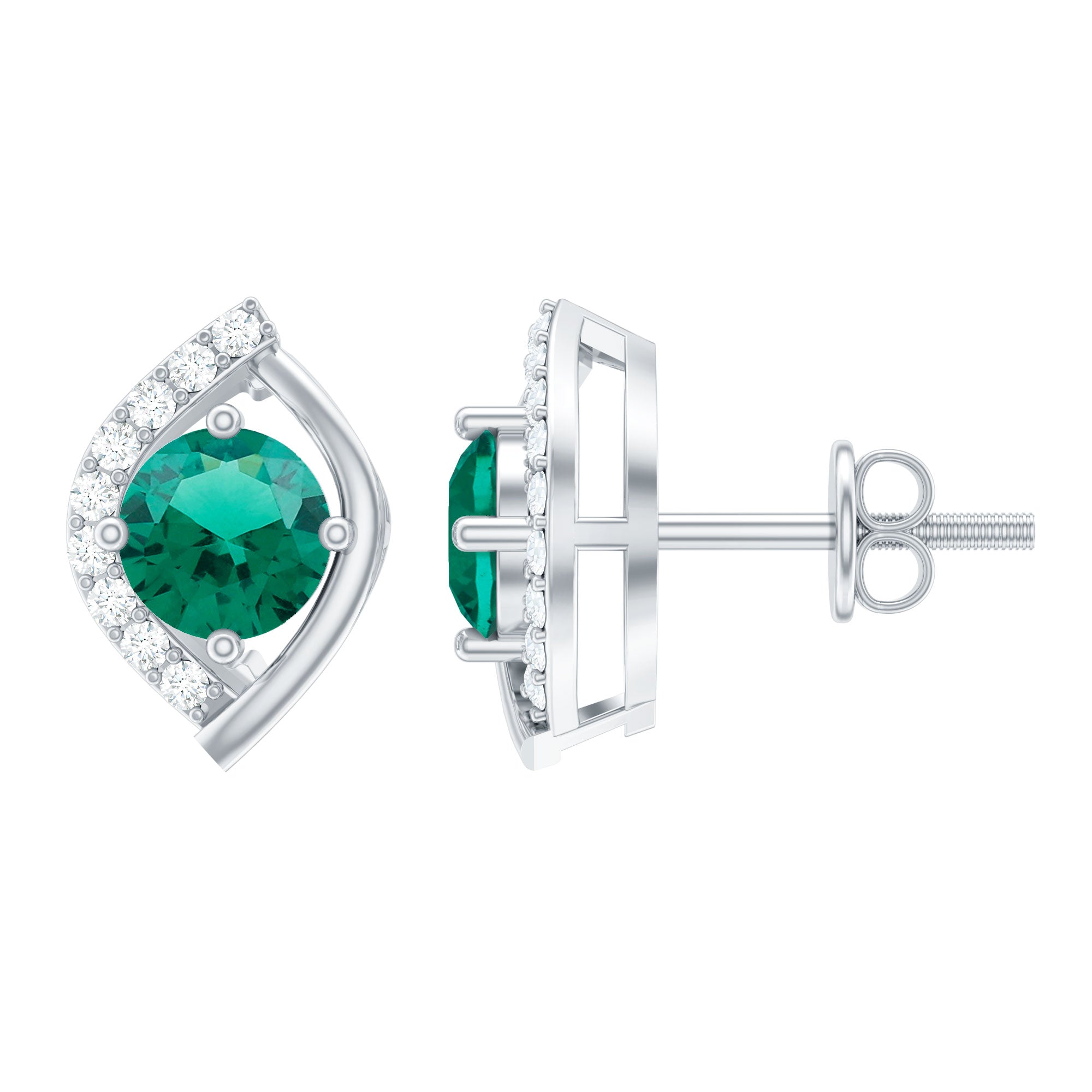 Lab Created Emerald Designer Stud Earrings with Moissanite