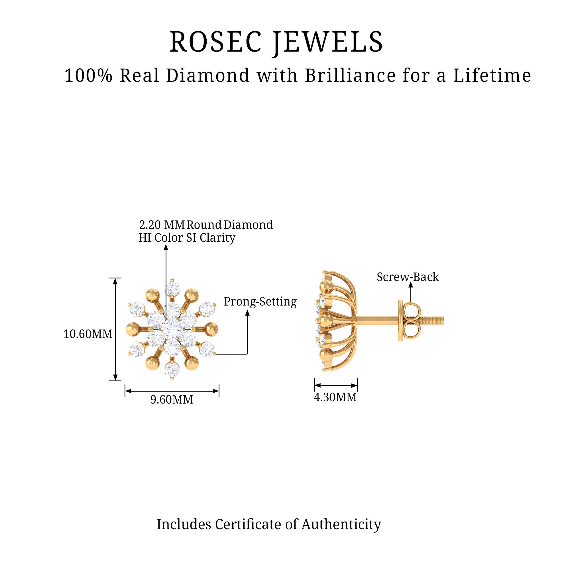 Diamond Cluster Snowflake Stud Earrings Diamond - ( HI-SI ) - Color and Clarity - Rosec Jewels