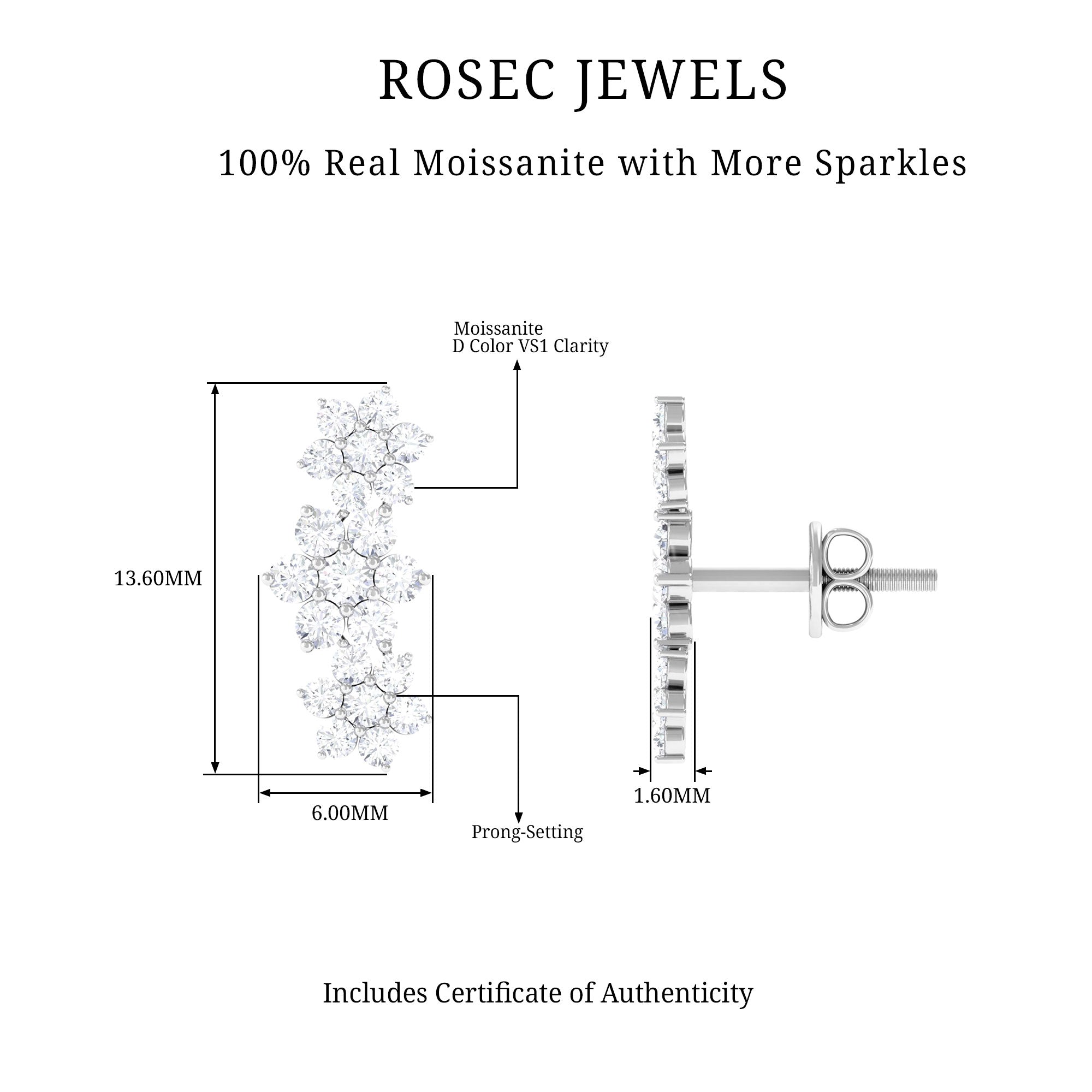 Certified Moissanite Flower Climber Earrings with Screw Back Moissanite - ( D-VS1 ) - Color and Clarity - Rosec Jewels