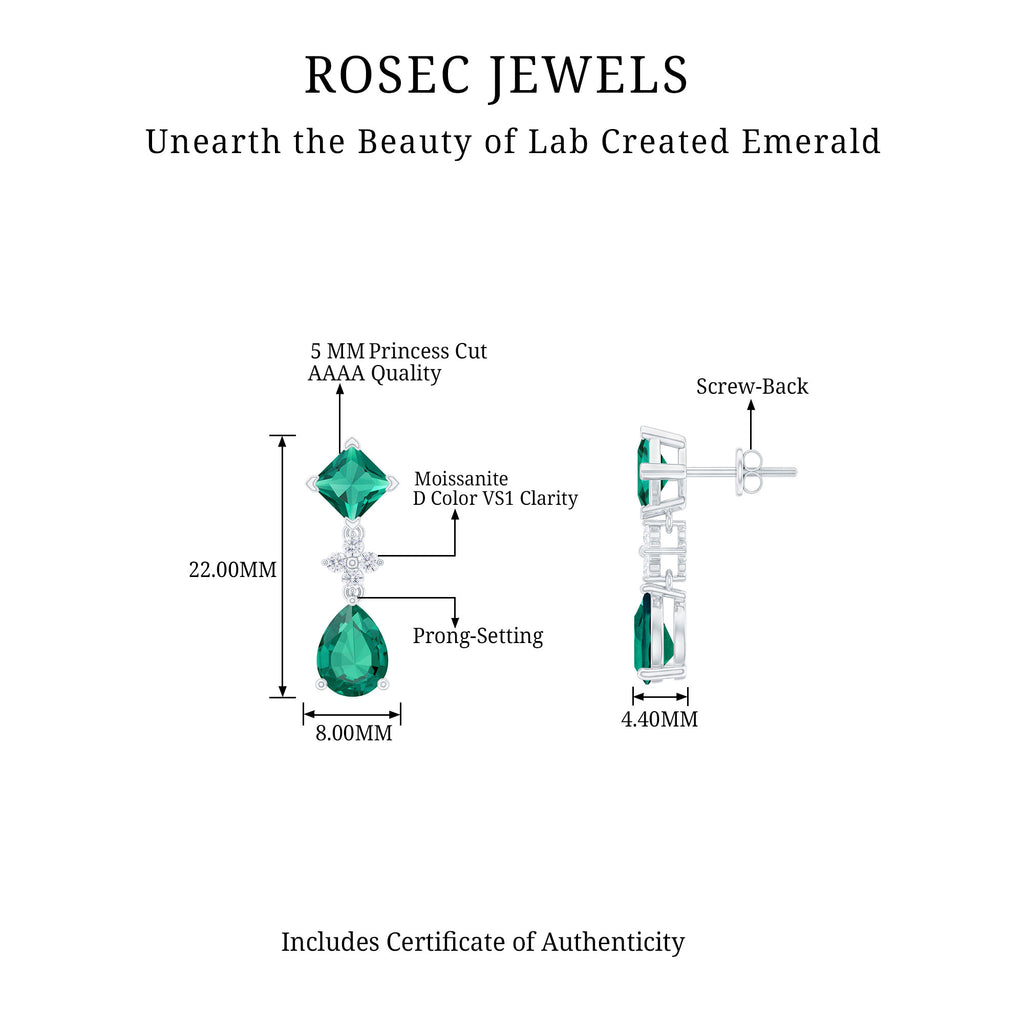 3.5 CT Created Emerald and Moissanite Bridal Dangle Earrings in Silver - Rosec Jewels