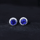 Round Created Blue Sapphire Halo Stud Earrings with Moissanite Lab Created Blue Sapphire - ( AAAA ) - Quality - Rosec Jewels