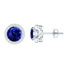 Certified 2 Carat Lab Grown Blue Sapphire Stud Earrings With Moissanite Halo AAAA 92.5 Sterling Silver - Rosec Jewels