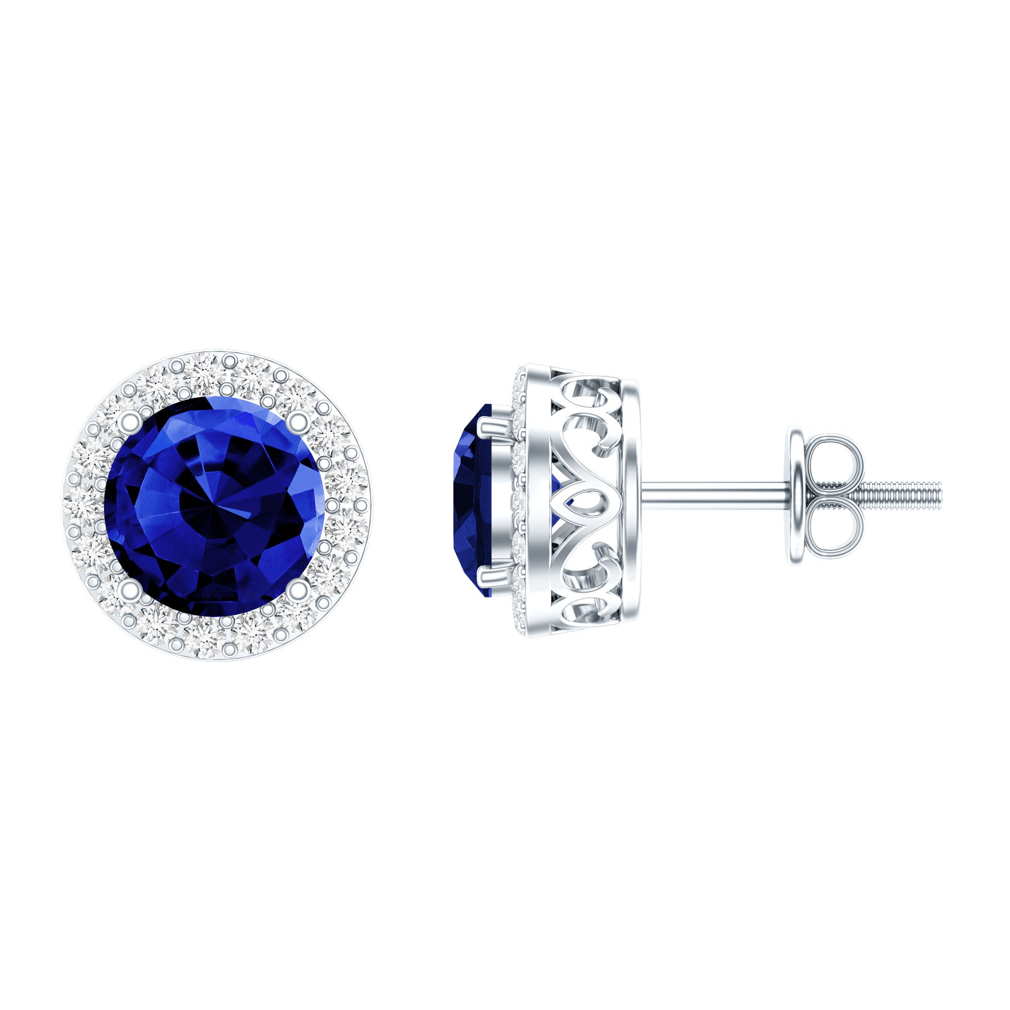 Certified 2 Carat Lab Grown Blue Sapphire Stud Earrings With Moissanite Halo AAAA 92.5 Sterling Silver - Rosec Jewels