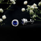 Certified 2 Carat Lab Grown Blue Sapphire Stud Earrings With Moissanite Halo AAAA 92.5 Sterling Silver - Rosec Jewels